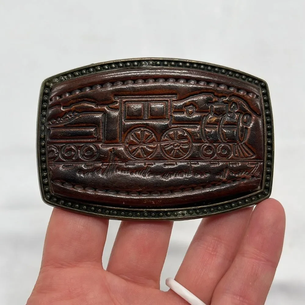 Vintage Leather and Metal Train Belt Buckle